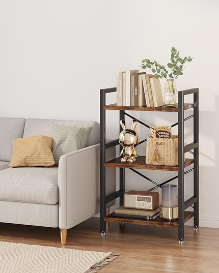 Conami Small Bookshelf, 3 Tier Industrial Bookcase, Bookcase Shelf Storage Organizer, Short Book Shelf for Bedroom, Living Room and Home Office, Vintage - LeafyLoom