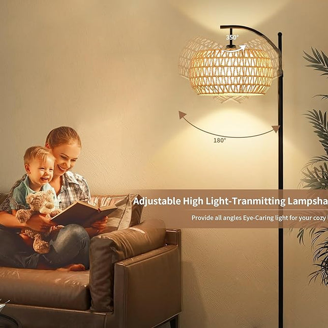 Floor Lamp for Living Room Bedroom Boho Rattan&Fabric Arc Standing Lamp with Remote Dimmable Black Farmhouse Wicker Bamboo Lamp Shade Floor Light Tall Lamp Industrial Floor Lamps Bohemian Decor - LeafyLoom