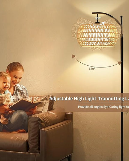 Floor Lamp for Living Room,Bedroom,Boho Rattan Floor Lights,Tree 3 Bulb Standing Lamp Farmhouse Industrial Black Tall Lamp,Wicker Bamboo Lamp Shade Flower Dimmable Floor Lamps Bohemian Decor - LeafyLoom