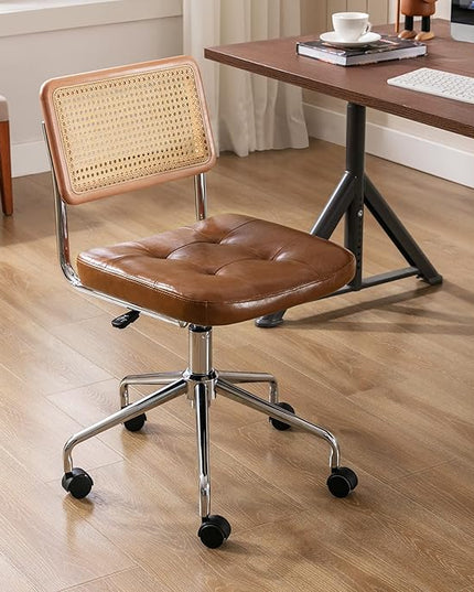 Zesthouse Mid Century Home Office Chair Leather Desk Chair with Rattan Back, Vanity Chair for Girls Women, Upholstered Swivel Chair, Adjustable Height Computer Task Chair - LeafyLoom