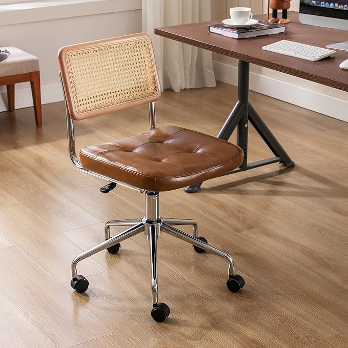 Zesthouse Mid Century Home Office Chair Leather Desk Chair with Rattan Back, Vanity Chair for Girls Women, Upholstered Swivel Chair, Adjustable Height Computer Task Chair - LeafyLoom