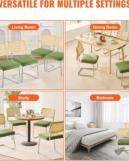 VEVOR Rattan Dining Chairs Set of 4, Mid Century Modern Dining Chair, Upholstered Velvet Accent Chair with Rattan Back, Retro Dining Room Kitchen Chair for Living Room, Bedroom, Office (18.1 Inch) - LeafyLoom
