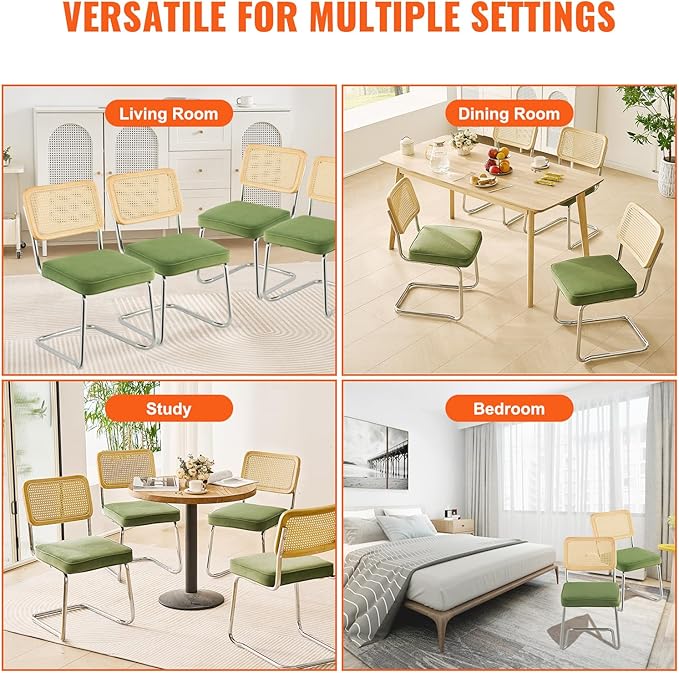 VEVOR Rattan Dining Chairs Set of 4, Mid Century Modern Dining Chair, Upholstered Velvet Accent Chair with Rattan Back, Retro Dining Room Kitchen Chair for Living Room, Bedroom, Office (18.1 Inch) - LeafyLoom