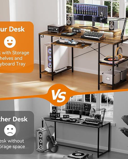 Computer Desk with Keyboard Tray, 55 Inch Music Studio Desk Music Production Desk with Storage Shelves Monitor Stands and 4 Iron Hooks, Desk Workstation Gaming Table for Home Office - LeafyLoom