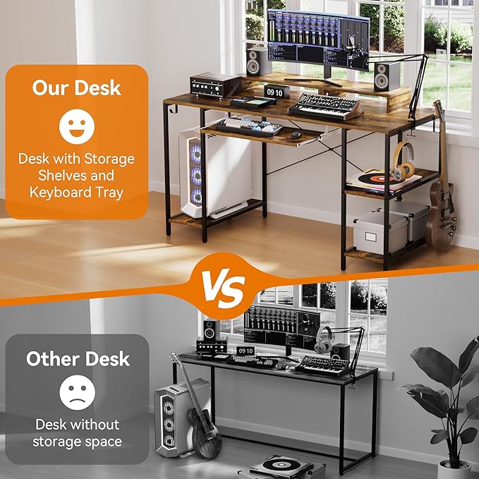 Computer Desk with Keyboard Tray, 55 Inch Music Studio Desk Music Production Desk with Storage Shelves Monitor Stands and 4 Iron Hooks, Desk Workstation Gaming Table for Home Office - LeafyLoom