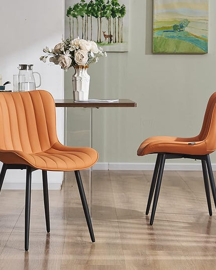 YOUNUOKE Dining Chairs Set of 2 Upholstered Mid Century Kitchen Chairs Armless Faux Leather Modern Side Chair with Padded Back Metal Legs for Living Room Bedrooms, Matte Orange - LeafyLoom