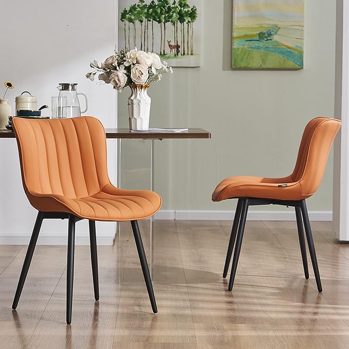 YOUNUOKE Dining Chairs Set of 2 Upholstered Mid Century Kitchen Chairs Armless Faux Leather Modern Side Chair with Padded Back Metal Legs for Living Room Bedrooms, Matte Orange - LeafyLoom