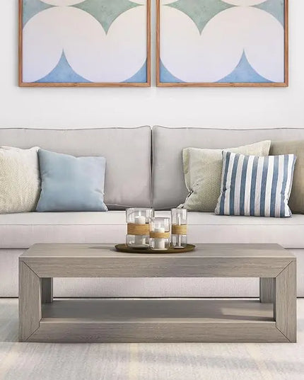 Plank+Beam Modern Rectangular Coffee Table with Shelf, Solid Wood, 48 Inch, Center Table with Storage, 2 Tier Tea Table for Living Room, Seashell Wirebrush - LeafyLoom