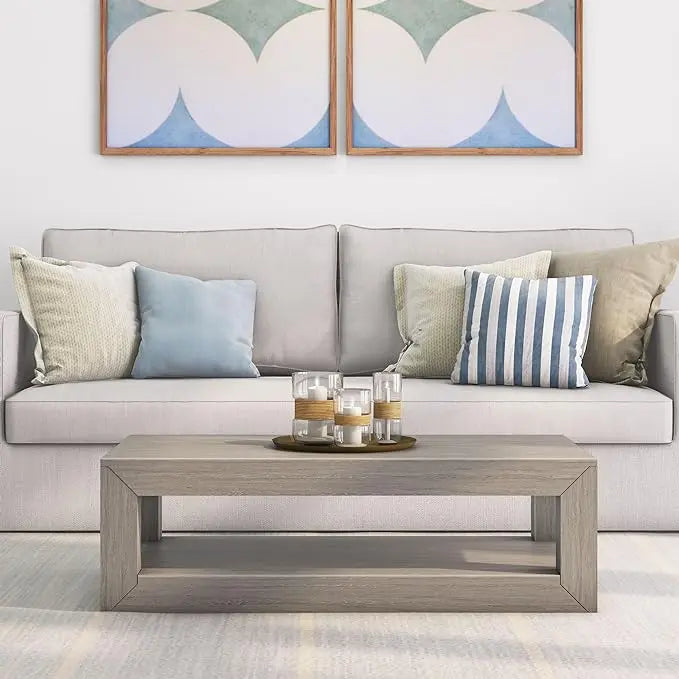 Plank+Beam Modern Rectangular Coffee Table with Shelf, Solid Wood, 48 Inch, Center Table with Storage, 2 Tier Tea Table for Living Room, Seashell Wirebrush - LeafyLoom