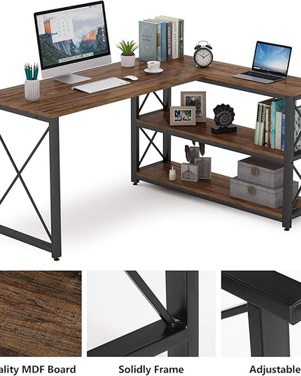 Tribesigns Reversible Industrial L-Shaped Desk with Storage Shelves, Corner Computer Desk PC Laptop Study Table Workstation for Home Office Small Space (Brown, 53") - LeafyLoom