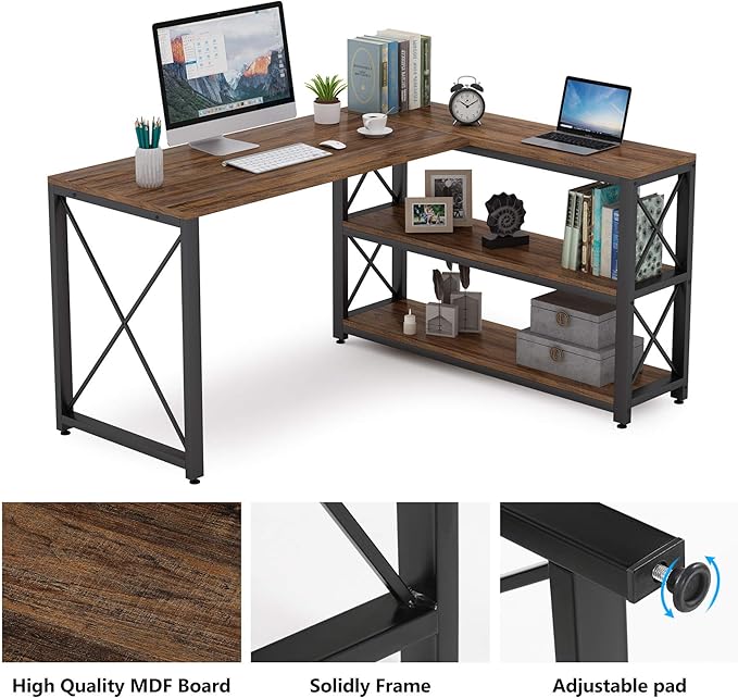 Tribesigns Reversible Industrial L-Shaped Desk with Storage Shelves, Corner Computer Desk PC Laptop Study Table Workstation for Home Office Small Space (Brown, 53") - LeafyLoom