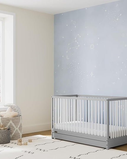 Graco Teddi 5-in-1 Convertible Crib with Drawer (Pebble Gray with White) – GREENGUARD Gold Certified, Crib with Drawer Combo, Full-Size Nursery Storage Drawer, Converts to Toddler Bed - LeafyLoom