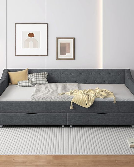 Full Size Daybed with Storage Upholstered Day Bed frame with Drawers & Button Tufted Backrest,for Living Room Bedroom,Wood Slat Support,No Box Spring Needed,Dark Grey - LeafyLoom
