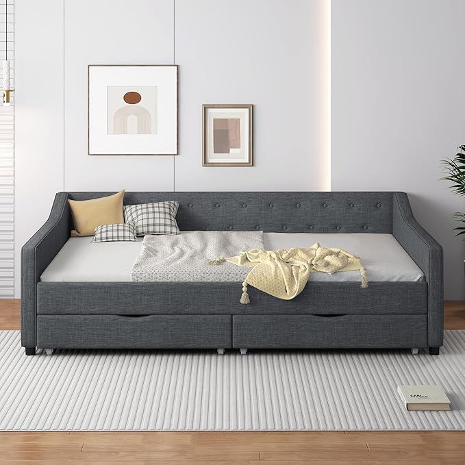 Full Size Daybed with Storage Upholstered Day Bed frame with Drawers & Button Tufted Backrest,for Living Room Bedroom,Wood Slat Support,No Box Spring Needed,Dark Grey - LeafyLoom