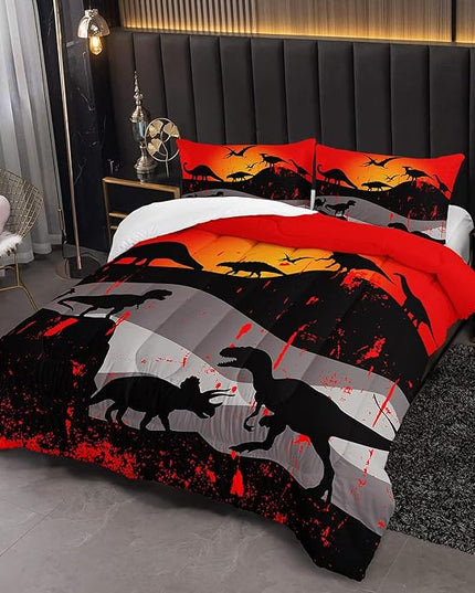 Cartoon Dinosaur Comforter Set Twin 3Pc Kawaii Dinosaur Bedding Set All Season with Tree, Leaf Decoration includes 1 Comforter, 2 Pillowcases for Kids Girls Teens - LeafyLoom