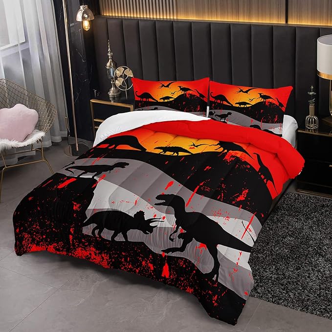 Cartoon Dinosaur Comforter Set Twin 3Pc Kawaii Dinosaur Bedding Set All Season with Tree, Leaf Decoration includes 1 Comforter, 2 Pillowcases for Kids Girls Teens - LeafyLoom