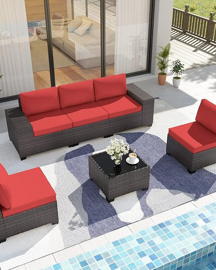 Patio Furniture Set Sofa 6-Piece Wicker PE Rattan Sectional Sofa Set, Outdoor Furniture Patio Conversation Set with Glass Coffee Table and Cushions, Red - LeafyLoom