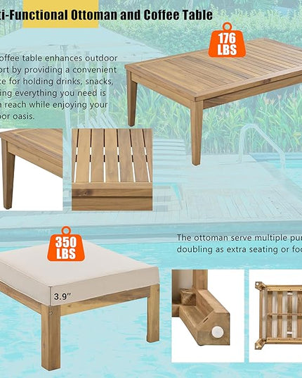 Merax 6-Piece Outdoor Sectional Conversation Sofa Seat Cushions Acacia Wood Frame Furniture Sets with Coffee Table and Ottoman for Garden Backyard Patio and Poolside, Beige - LeafyLoom
