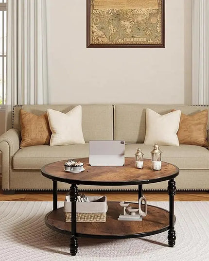 GAOMON Round Coffee Table Living Room 34.25in Rustic Circle Center Table with Storage Shelf 2-Tier Modern Wood Coffee Table, Easy Assembly(Brown) - LeafyLoom