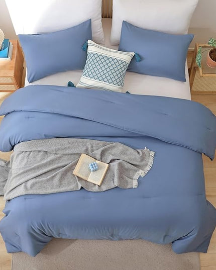 ROSGONIA Queen Comforter Set Slate Blue, 3pcs Queen Size Comforter(1 Boho Blue Comforter & 2 Pillowcases) All Season Lightweight Bedding Blanket Quilt - LeafyLoom