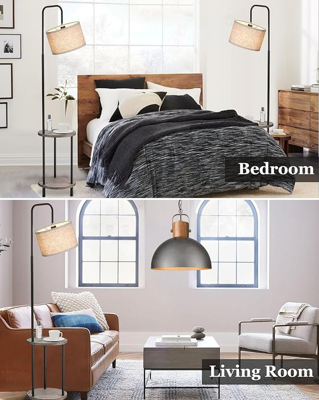 ELYONA Rubber Wood Floor Lamp - Rustic Side Table Lamp for Bedroom & Living Room - Mid Century Modern Floor Lamp with End Table for Farmhouse - Industrial Tall Pole Reading Standing Light - Grey - LeafyLoom
