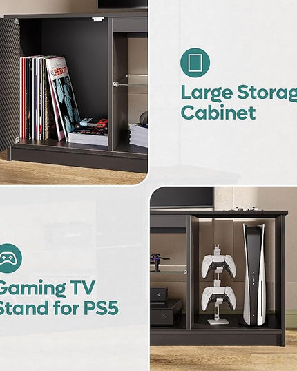 Bestier LED TV Stand for 55/60/65 Inch TV, Gaming Entertainment Center with Cabinet for PS5, Modern TV Cabinet with Adjustable Glass Shelves for Living Room, Bedroom 58 Inch,Black - LeafyLoom