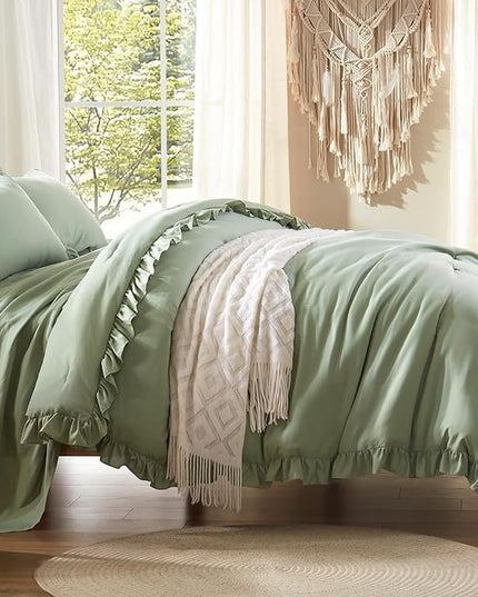 Anluoer Queen Comforter Set 7 Piece, Sage Green Bed in a Bag with Sheets, All Season Ruffle Shabby Chic Bedding Sets with 1 Comforter, 2 Pillow Shams, 2 Pillowcases, 1 Flat Sheet, 1 Fitted Sheet - LeafyLoom