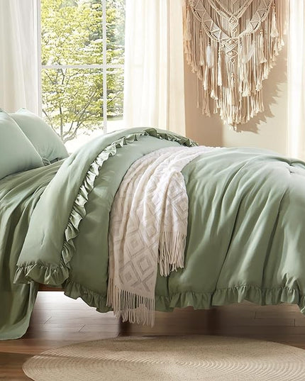 Anluoer Twin Comforter Set 5 Piece, Sage Green Bed in a Bag with Sheets, All Season Ruffle Shabby Chic Bedding Sets with 1 Comforter, 1 Pillow Sham, 1 Pillowcase, 1 Flat Sheet, 1 Fitted Sheet - LeafyLoom