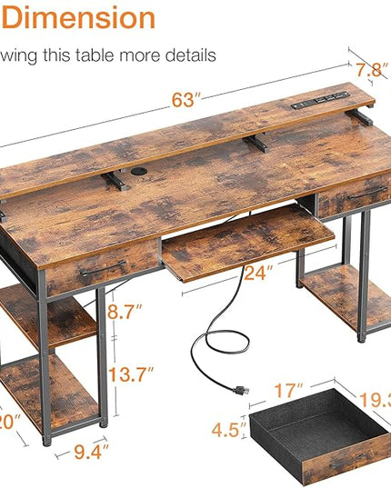 ODK Computer Desk with Drawers & Power Outlet, 63 Inch Office Desk with Keyboard Tray & Storage Shelves & PC Stand, Large Office Table Work Desk with Monitor Stand, Rustic Brown - LeafyLoom