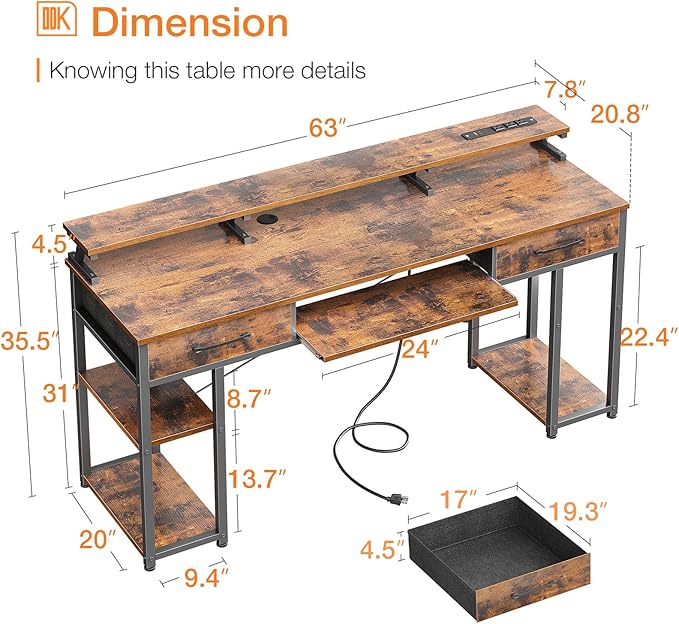 ODK Computer Desk with Drawers & Power Outlet, 63 Inch Office Desk with Keyboard Tray & Storage Shelves & PC Stand, Large Office Table Work Desk with Monitor Stand, Rustic Brown - LeafyLoom
