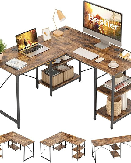 Bestier L Shaped Desk with Shelves 86.6 Inch Reversible Corner Computer Desk or 2 Person Long Table for Home Office Large Gaming Writing Storage Workstation P2 Board with 3 Cable Holes, Rustic Brown - LeafyLoom