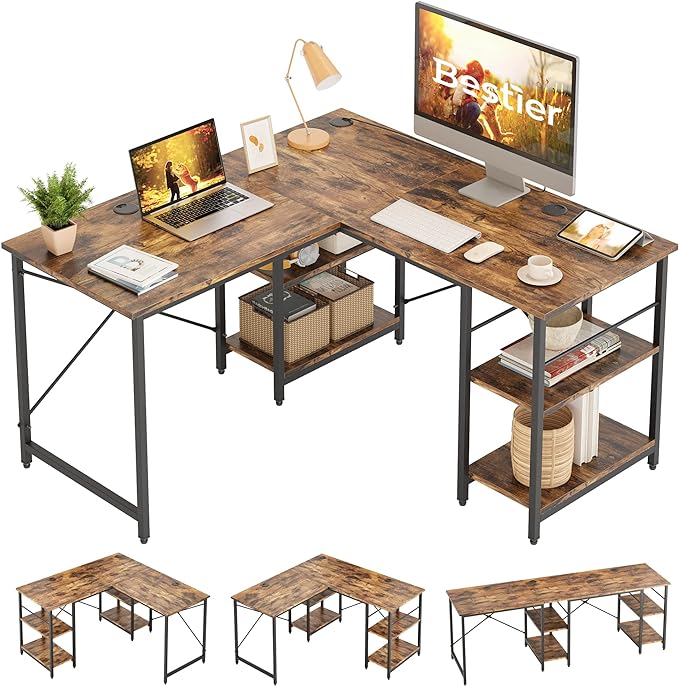 Bestier L Shaped Desk with Shelves 86.6 Inch Reversible Corner Computer Desk or 2 Person Long Table for Home Office Large Gaming Writing Storage Workstation P2 Board with 3 Cable Holes, Rustic Brown - LeafyLoom
