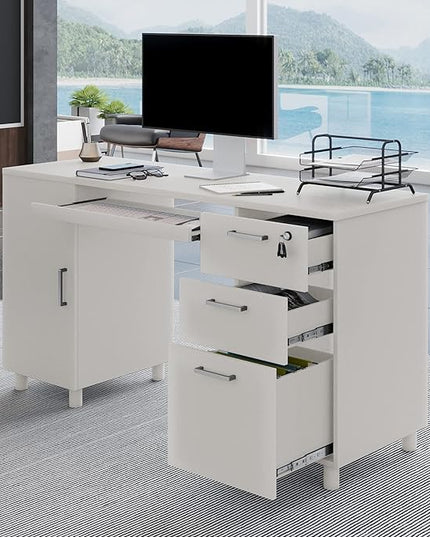 Modern Design By Crafts & comfort Venice Computer Desk - Office Desk with 3 Drawers & CPU Storage Cabinet - Laptop Workstation with Keyboard Tray & Cable Hole - Home & Office Supplies -White - LeafyLoom