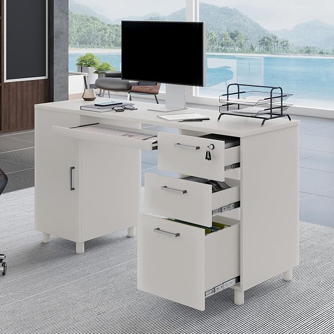 Modern Design By Crafts & comfort Venice Computer Desk - Office Desk with 3 Drawers & CPU Storage Cabinet - Laptop Workstation with Keyboard Tray & Cable Hole - Home & Office Supplies -White - LeafyLoom