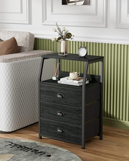 Furnulem Black Dresser for Bedroom, Small Nightstand with 3 Fabric Storage Drawers and 2-Tier Shelf, End Table Side Furniture for Closet, Hallway, Nursery, Sturdy Steel Frame, Wood Top (Black Oak) - LeafyLoom