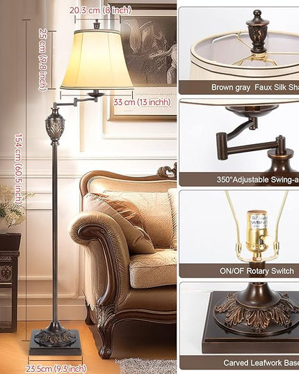 Traditional LED Floor Lamp with 350° Adjustable Swing Arm Lamp – Vintage Standing Pole lamp for Living Room, Bedroom and Office – Rustic Upright Floor Light for Home Décor with Silk Fabric Shade - LeafyLoom
