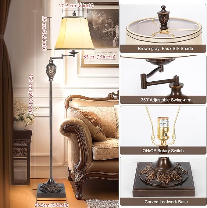 Traditional LED Floor Lamp with 350° Adjustable Swing Arm Lamp – Vintage Standing Pole lamp for Living Room, Bedroom and Office – Rustic Upright Floor Light for Home Décor with Silk Fabric Shade - LeafyLoom