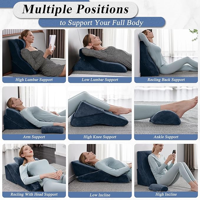 Axelrod Bed Wedge Pillow Set Foam | Adjustable Pillows for Back, Leg and Knee Pain Relief | Post Surgery Ortho Pillow – Anti Snoring, Heartburn, Acid Reflux & GERD- Indigo - LeafyLoom