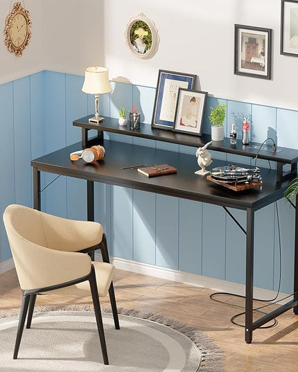 47 inch Computer Desk with Power Outlets, Gaming Desk with LED Lights, Home Office Work Desk with Monitor Shelf, Modern Office Desk Study Writing Table for Small Spaces, Black - LeafyLoom