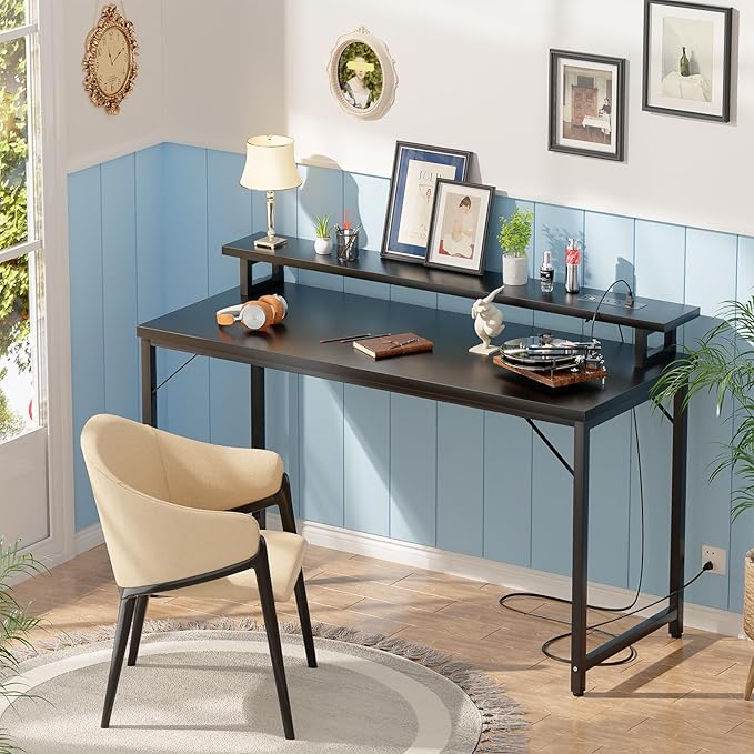 47 inch Computer Desk with Power Outlets, Gaming Desk with LED Lights, Home Office Work Desk with Monitor Shelf, Modern Office Desk Study Writing Table for Small Spaces, Black - LeafyLoom