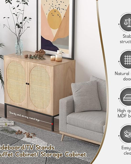 XIAO WEI Sideboard with Handmade Natural Rattan Doors, Rattan Cabinet Console Table Storage Cabinet Buffet Cabinet, for Kitchen, Living Room, Hallway, Entryway, Natural - LeafyLoom