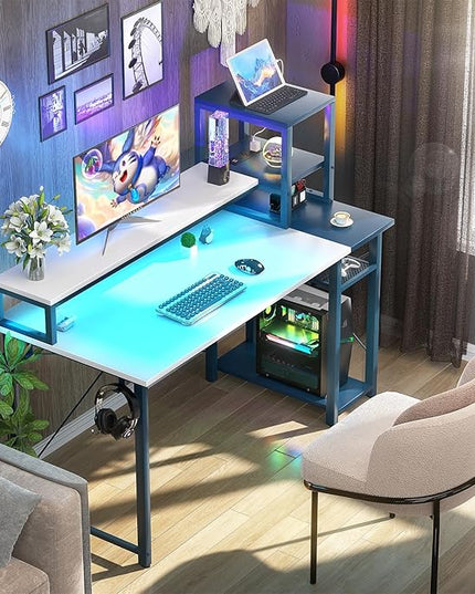 39.4'' Gaming Desk with LED and Storage Shelves, 39 Computer Desk with Long Monitor Stand, Small Desk for Small Space, Simple Study Student Writing Desk, Laptop Table for Home Office, White - LeafyLoom