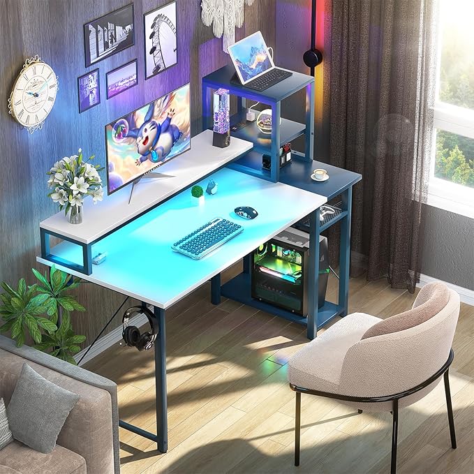 39.4'' Gaming Desk with LED and Storage Shelves, 39 Computer Desk with Long Monitor Stand, Small Desk for Small Space, Simple Study Student Writing Desk, Laptop Table for Home Office, White - LeafyLoom