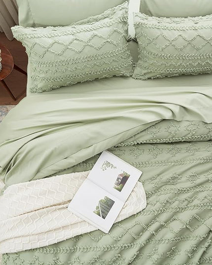 Anluoer Queen Comforter Set 7 Pieces, Sage Green Tufted Bed in a Bag with comforters and sheets, All Season Bedding Sets with 1 Comforter, 2 PillowShams, 2 Pillowcases, 1 Flat Sheet, 1 Fitted Sheet - LeafyLoom