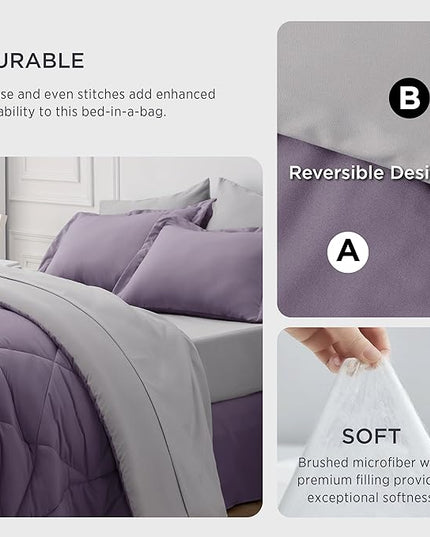 Bedsure Grayish Purple Full Size Comforter Set - 7 Pieces Reversible Full Bed in a Bag, Full Bed Set Grayish Purple and Grey with Comforters, Sheets, Pillowcases & Shams - LeafyLoom