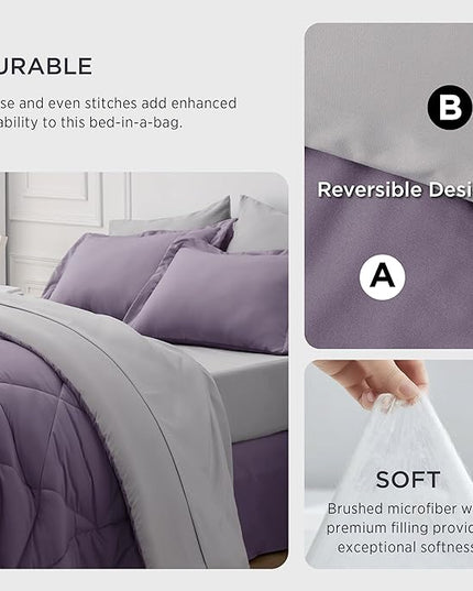 Bedsure Grayish Purple King Size Comforter Set - 7 Pieces Reversible King Bed in a Bag, King Bed Set Grayish Purple and Grey with Comforters, Sheets, Pillowcases & Shams - LeafyLoom