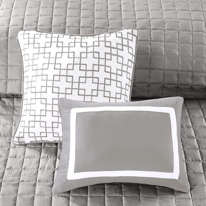 Madison Park Heritage Comforter Quilt Combo Set - Modern Luxury Design, All Season Down Alternative Bedding, Matching Shams, Decorative Pillows, King/Cal King(104"x92"), Color Block Grey 8 Piece - LeafyLoom