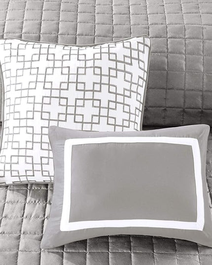 Madison Park Heritage Comforter Quilt Combo Set - Modern Luxury Design, All Season Down Alternative Bedding, Matching Shams, Decorative Pillows, Full/Queen(90"x90"), Color Block Grey 8 Piece - LeafyLoom