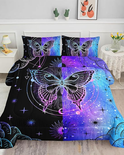 Datura home Black Blue Butterfly Comforter Set for Girls Women,Boho Butterfly Sun and Moon Mandala Printed Bedding Set with 2 Pillowcases(Black Blue Full) - LeafyLoom