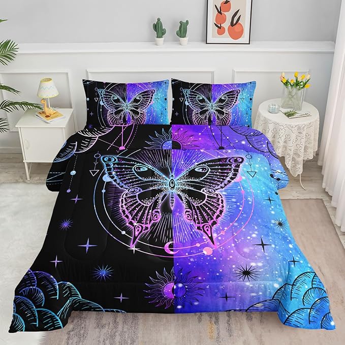 Datura home Black Blue Butterfly Comforter Set for Girls Women,Boho Butterfly Sun and Moon Mandala Printed Bedding Set with 2 Pillowcases(Black Blue Full) - LeafyLoom